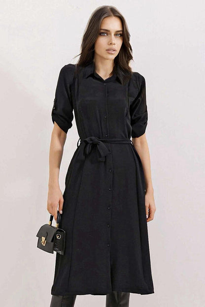 Women's Black Hidden Pocket Belted Viscose Shirt Dress HZL24S-BD124421