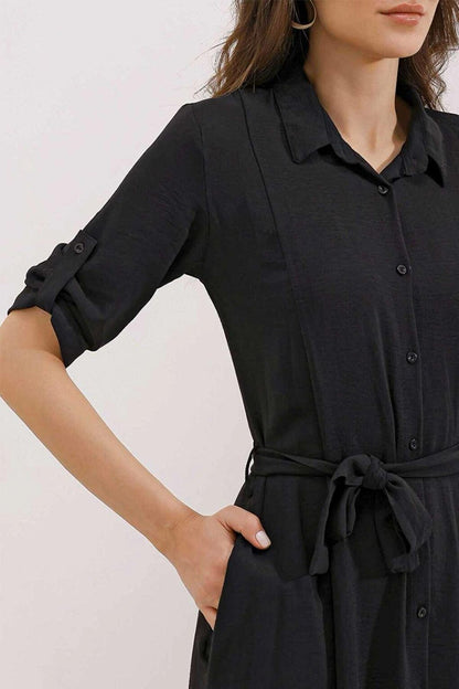 Women's Black Hidden Pocket Belted Viscose Shirt Dress HZL24S-BD124421