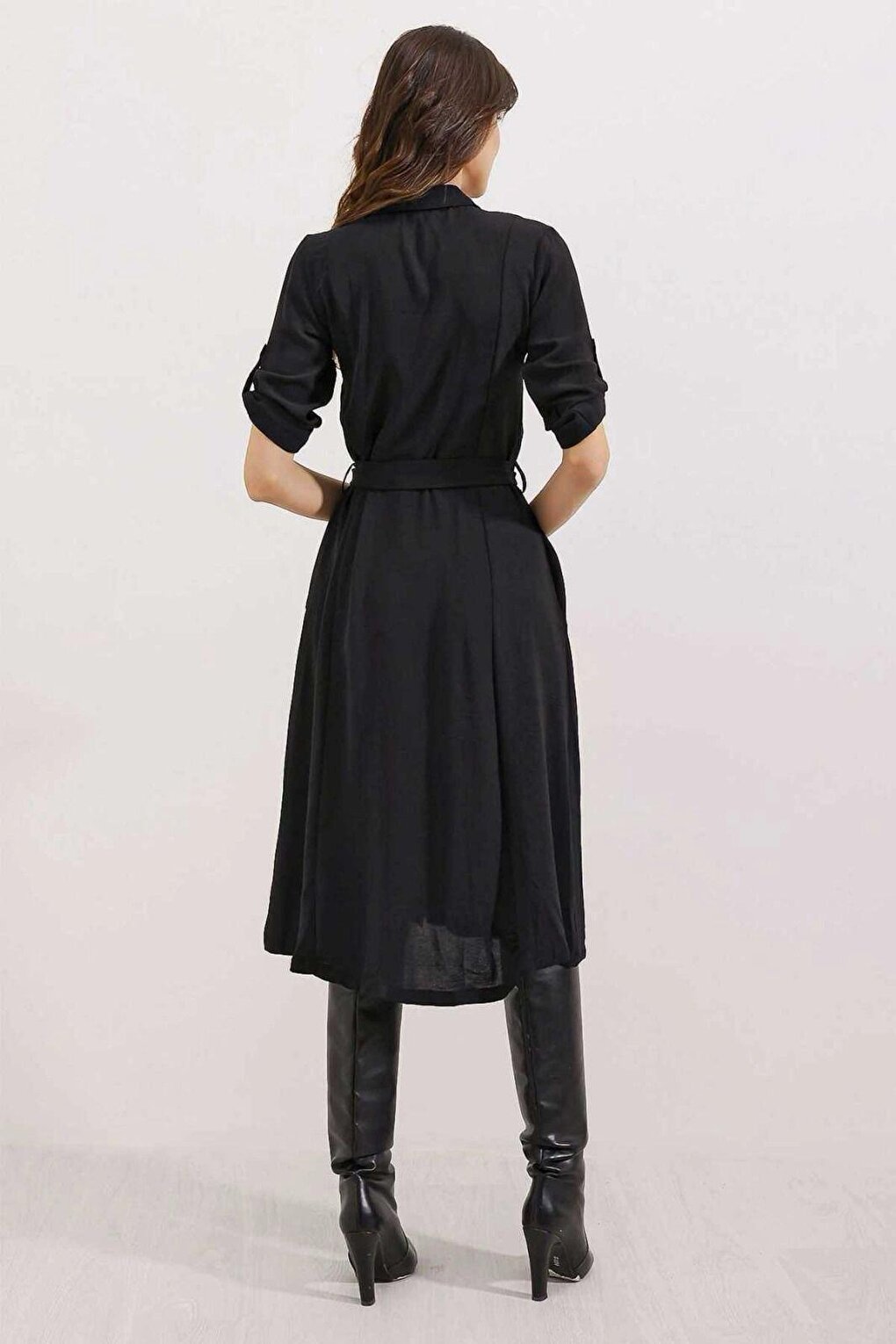 Women's Black Hidden Pocket Belted Viscose Shirt Dress HZL24S-BD124421