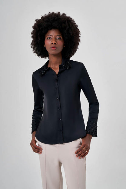 Luxury Black Shirt with Stone Embroidered Collar