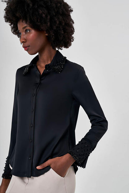 Luxury Black Shirt with Stone Embroidered Collar