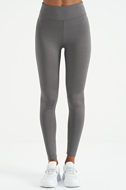 Dark Gray Logo Printed Ribbed High Waist Slim Fit Women's Leggings - 94633