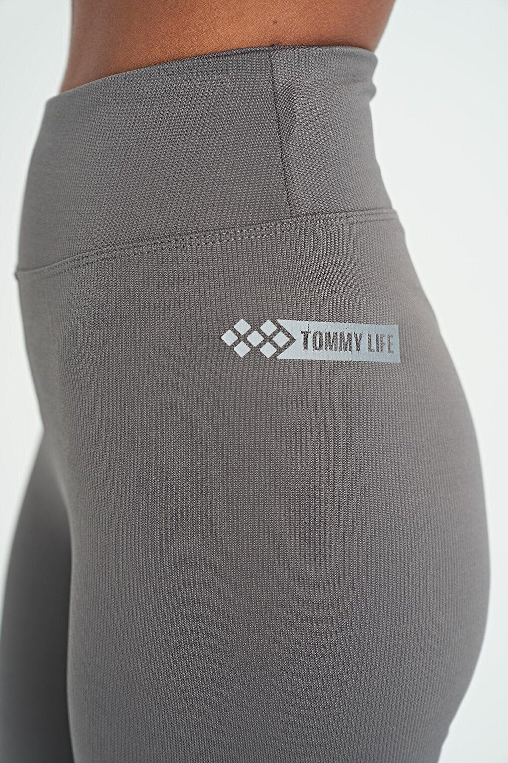 Dark Gray Logo Printed Ribbed High Waist Slim Fit Women's Leggings - 94633