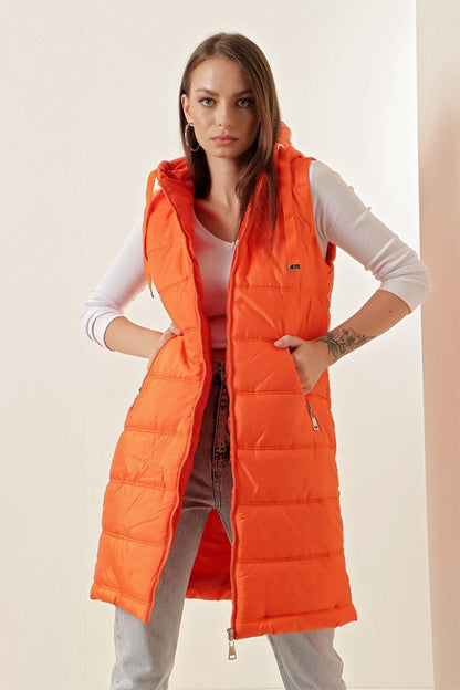 5140 Hooded Long Puffer Vest - Orange