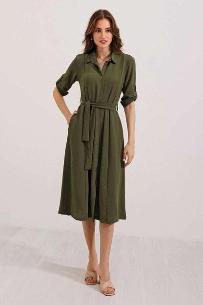 Women's Khaki Hidden Pocket Belted Viscose Shirt Dress HZL24S-BD124421