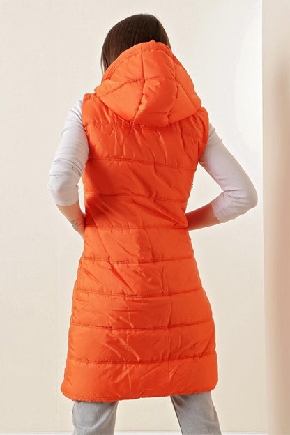 5140 Hooded Long Puffer Vest - Orange