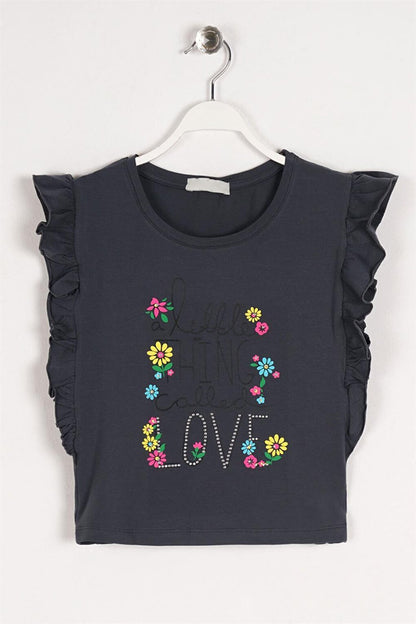 Girl's Smoke Colored Little Think Love Text Printed T-Shirt with Ruffles on the Sides