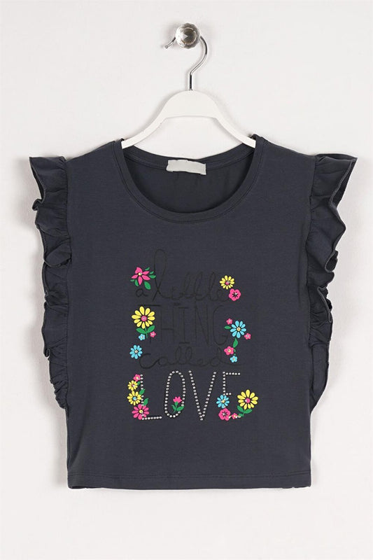 Girl's Smoke Colored Little Think Love Text Printed T-Shirt with Ruffles on the Sides