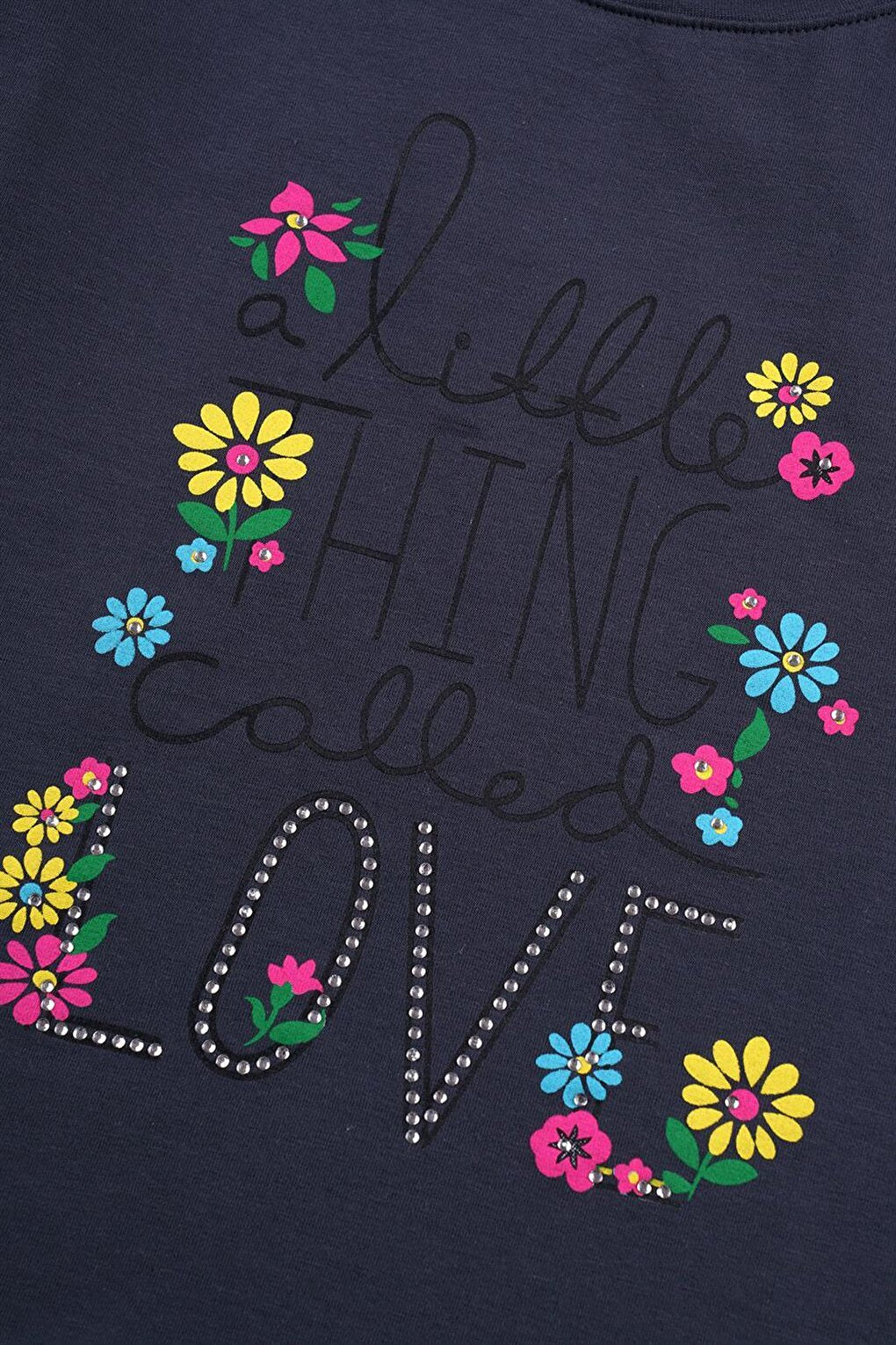 Girl's Smoke Colored Little Think Love Text Printed T-Shirt with Ruffles on the Sides