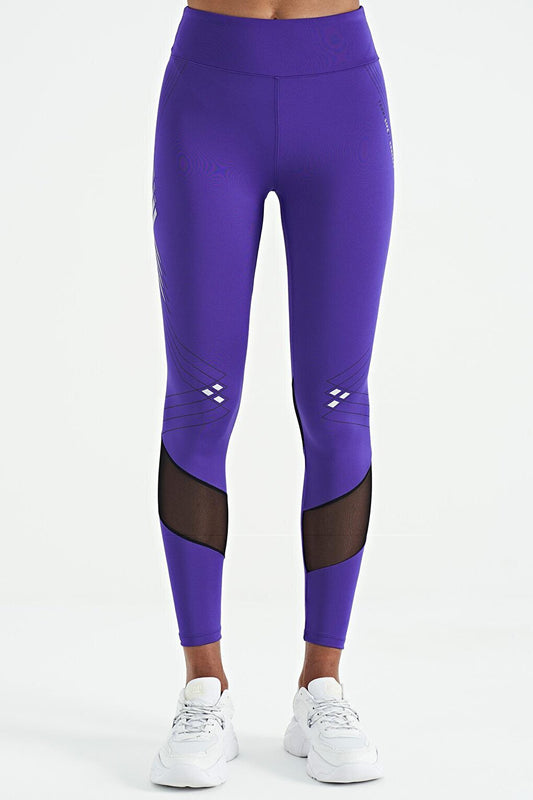 Dark Purple Mesh Detailed Printed High Waist Slim Fit Women's Leggings - 94631