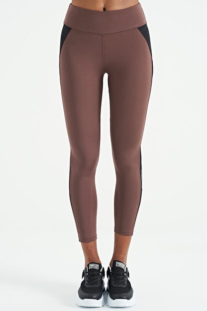 Brown Stripe Detailed High Waist Slim Fit Women's Leggings - 94636