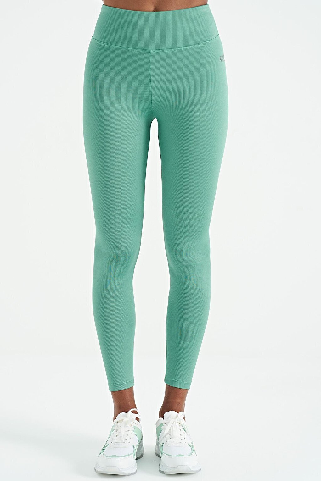 Green Logo Printed Ribbed High Waist Slim Fit Women's Leggings - 94633