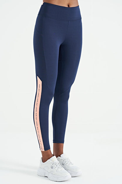 Indigo Front and Back Stripe Detailed Hidden Pocket High Waist Slim Fit Women's Leggings - 94630