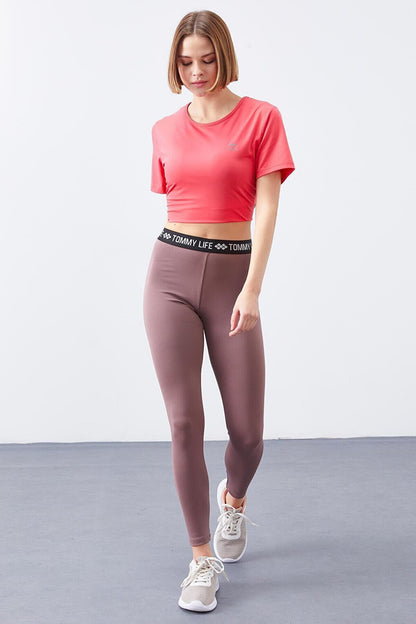 Dusty Rose High Waist Belted Slim Fit Narrow Leg Women's Leggings - 94546