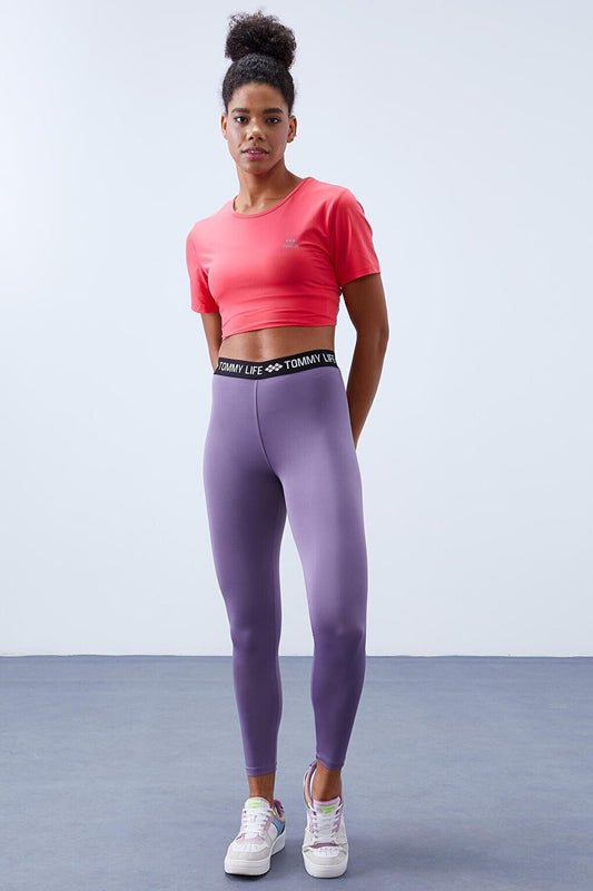 Lilac High Waist Belted Slim Fit Narrow Leg Women's Leggings - 94546