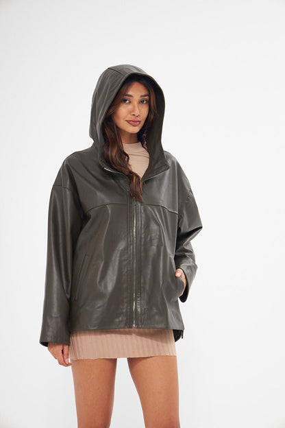 Women's Khaki Hooded Lambskin Jacket