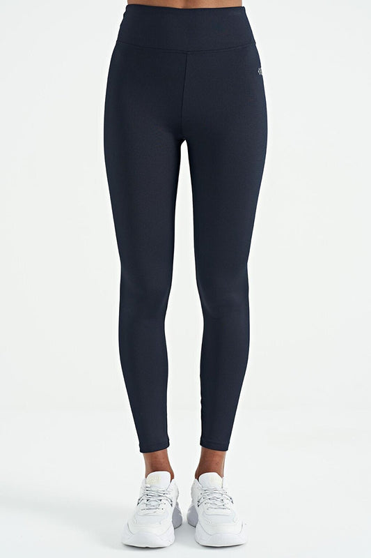 Navy Blue Logo Printed Ribbed High Waist Slim Fit Women's Leggings - 94633