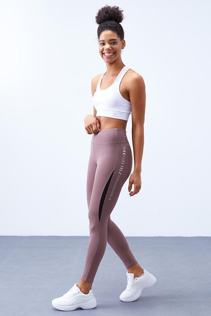 Dusty Rose Half Stripe Detailed High Waist Slim Fit Women's Leggings - 94609