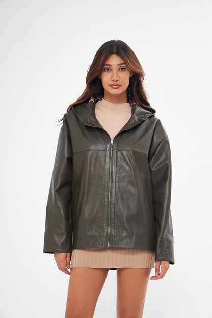 Women's Khaki Hooded Lambskin Jacket