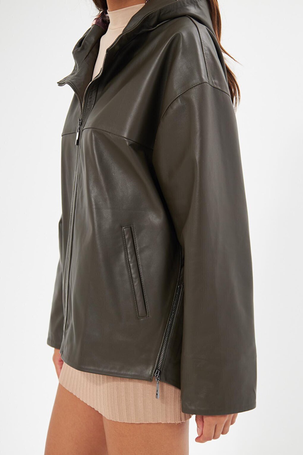 Women's Khaki Hooded Lambskin Jacket