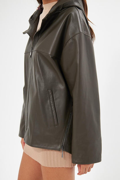 Women's Khaki Hooded Lambskin Jacket