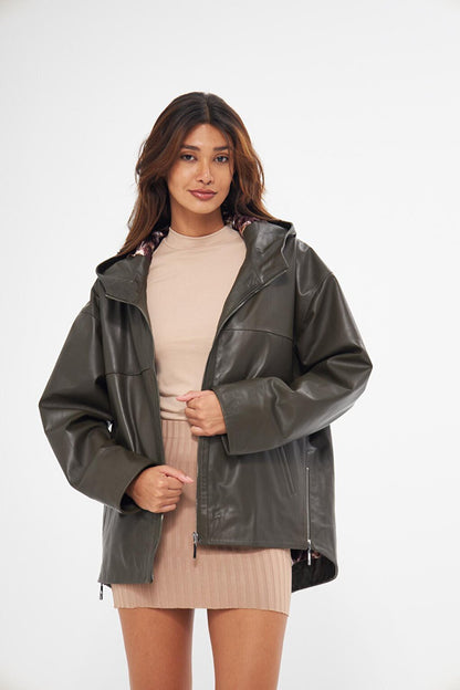 Women's Khaki Hooded Lambskin Jacket