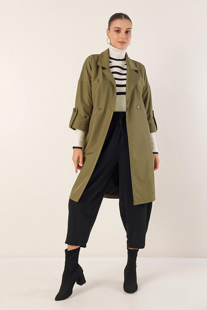 9104 Double Breasted Collar Lined Trench Coat - Khaki