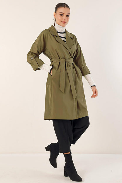 9104 Double Breasted Collar Lined Trench Coat - Khaki