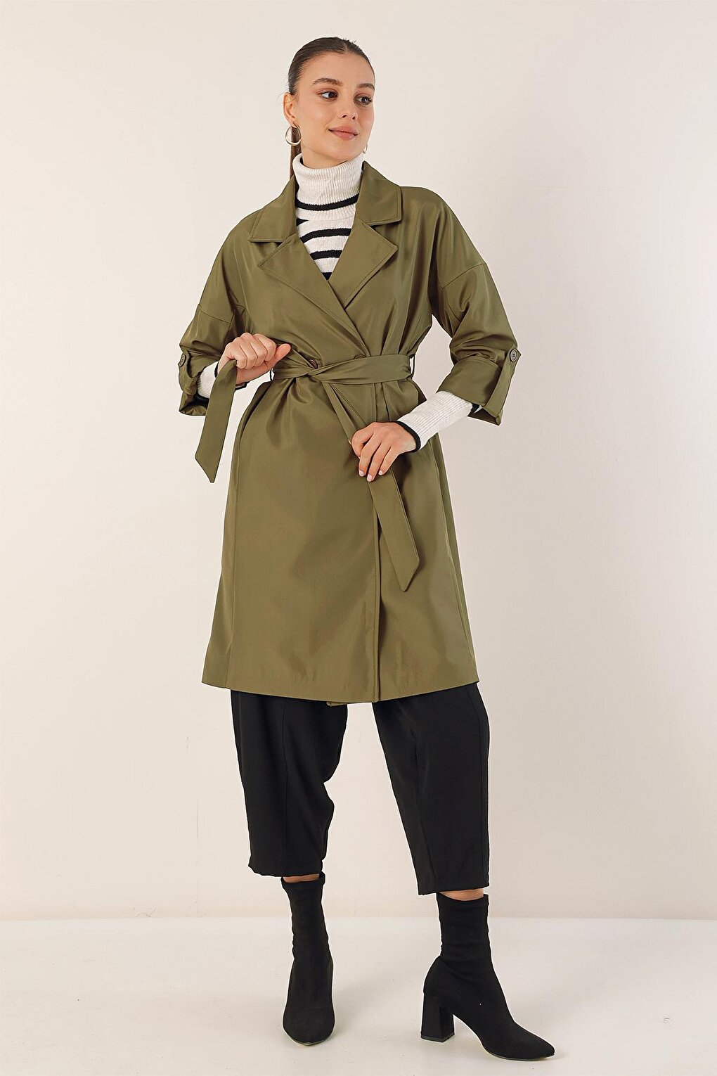 9104 Double Breasted Collar Lined Trench Coat - Khaki