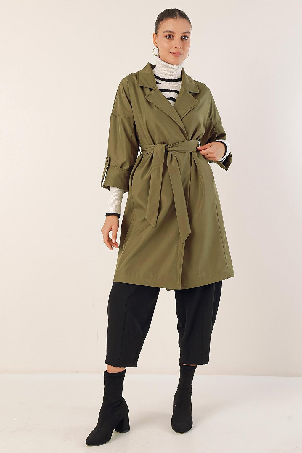 9104 Double Breasted Collar Lined Trench Coat - Khaki