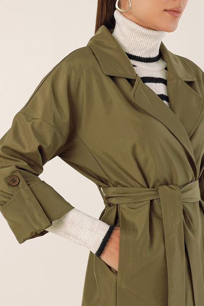 9104 Double Breasted Collar Lined Trench Coat - Khaki