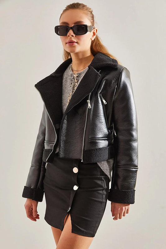 Women's Double Breasted Collar Leather Coat