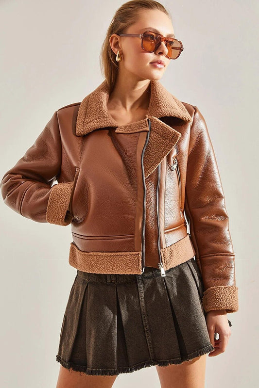 Women's Double Breasted Collar Leather Coat