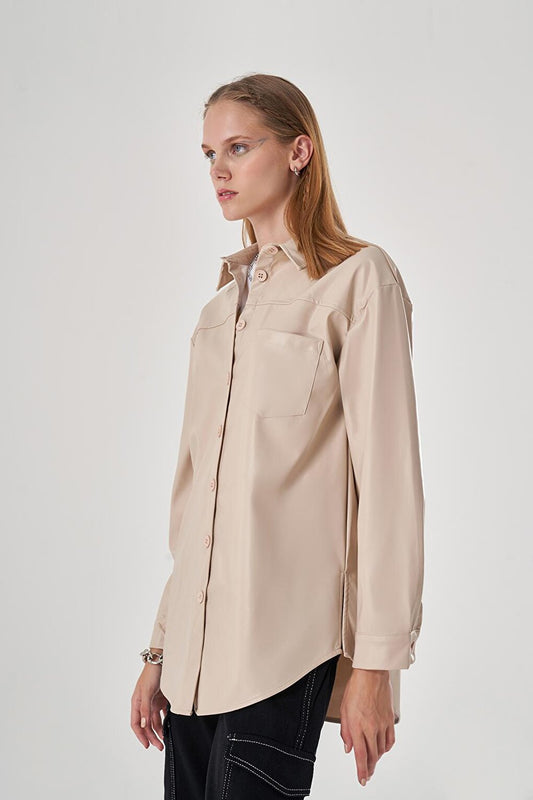 Colorful Beige Shirt with Leather Detail