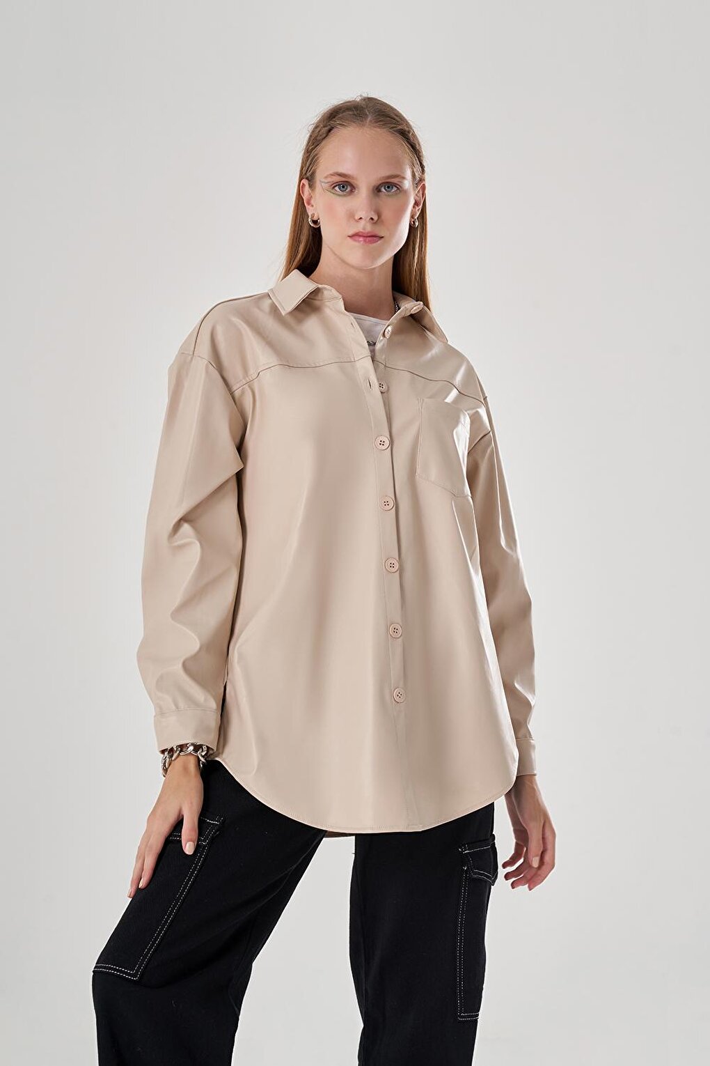 Colorful Beige Shirt with Leather Detail