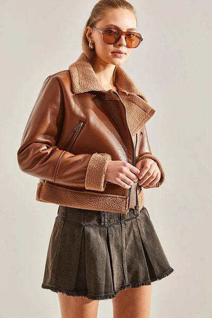 Women's Double Breasted Collar Leather Coat