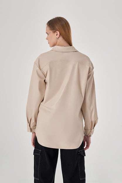 Colorful Beige Shirt with Leather Detail