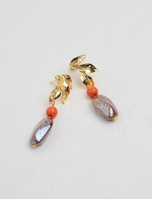 Brown Leaf and Stone Figured Dangle Earrings