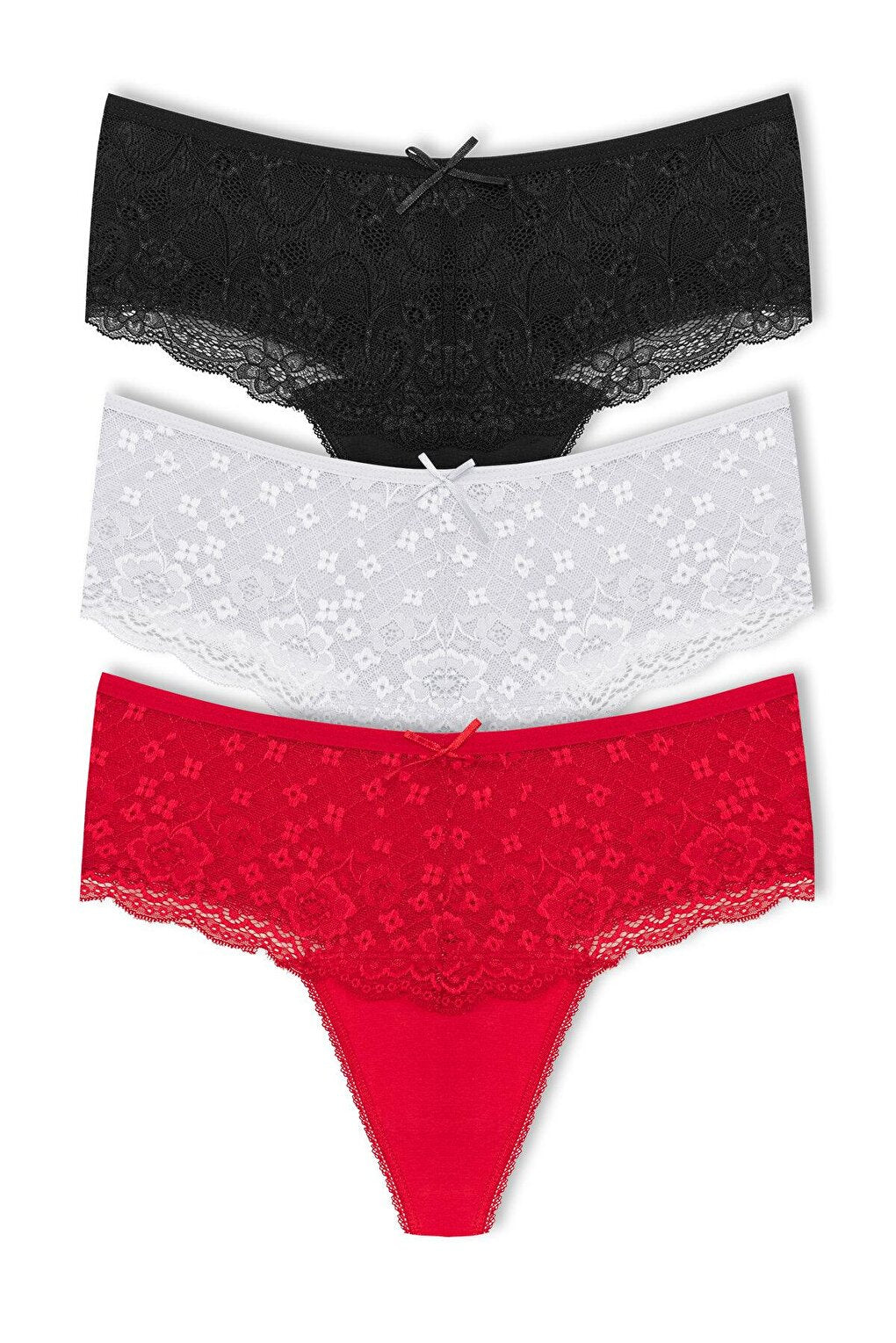 Cotton Lace Front High Waist Thong Women's Panties 3-Piece