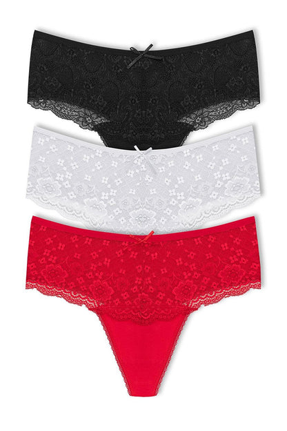 Cotton Lace Front High Waist Thong Women's Panties 3-Piece