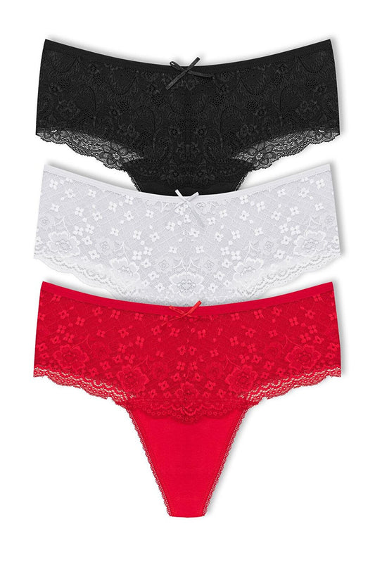 Cotton Lace Front High Waist Thong Women's Panties 3-Piece