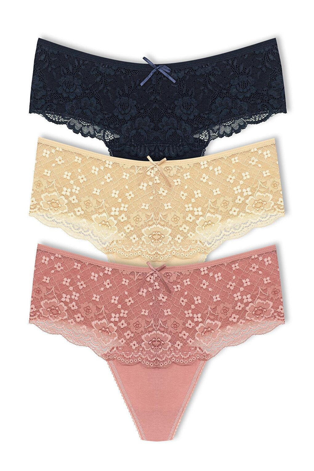 Cotton Lace Front High Waist Thong Women's Panties 3-Piece