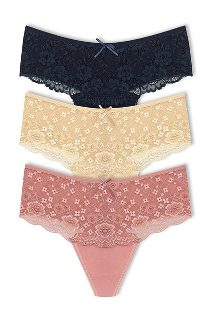 Cotton Lace Front High Waist Thong Women's Panties 3-Piece