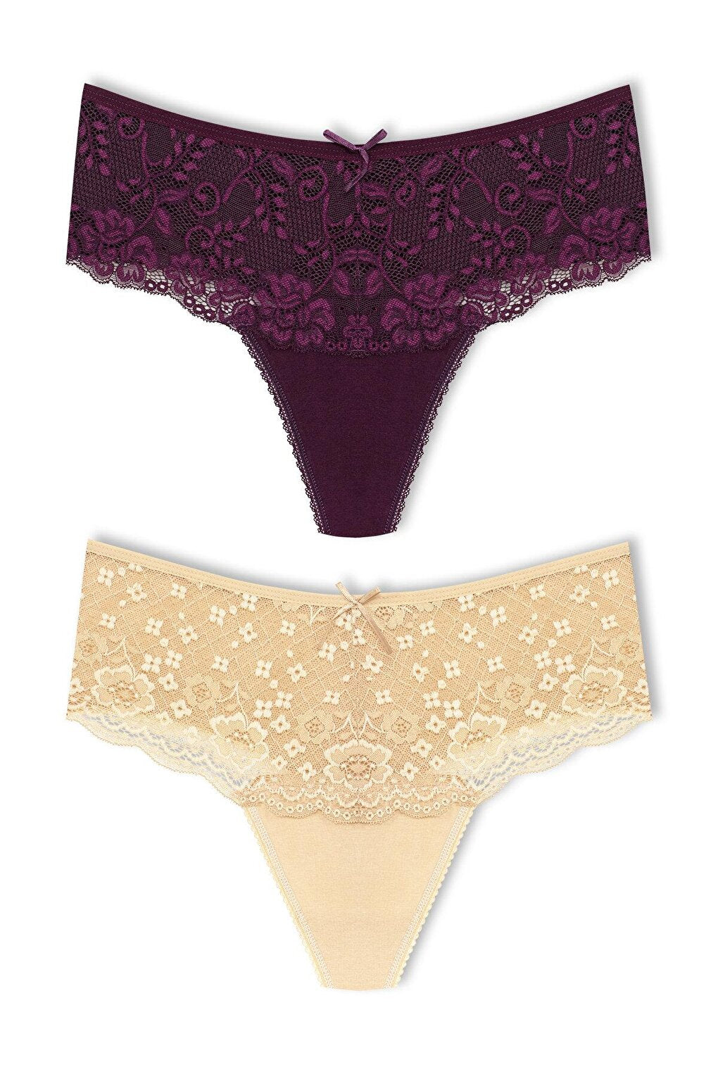 Cotton Lace Front High Waist Thong Women's Panties 2-Piece