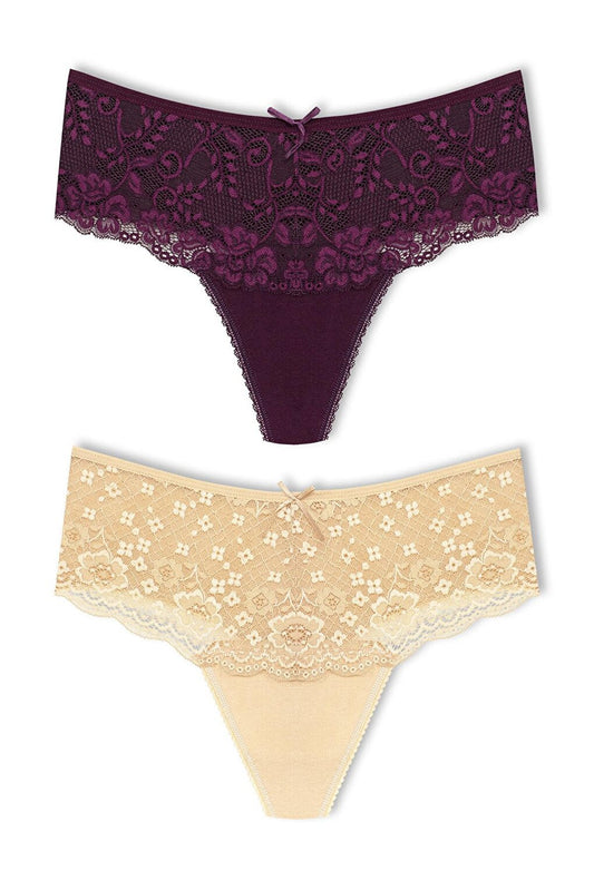 Cotton Lace Front High Waist Thong Women's Panties 2-Piece