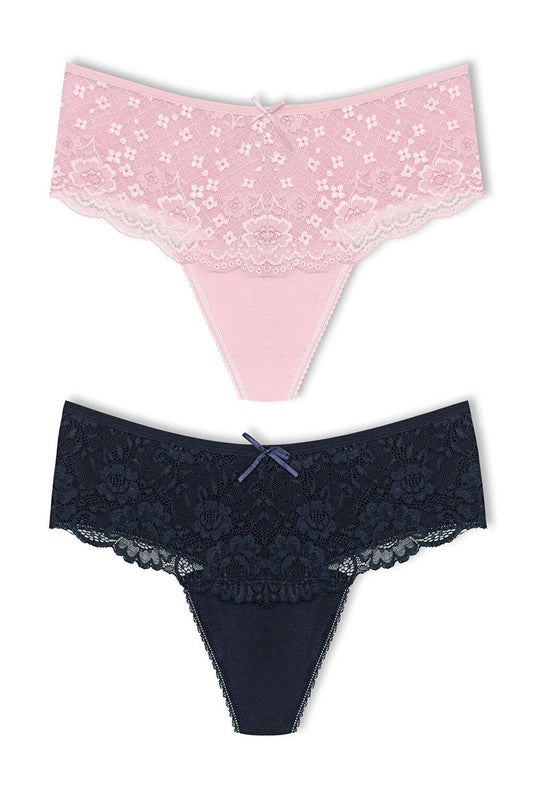 Cotton Lace Front High Waist Thong Women's Panties 2-Piece