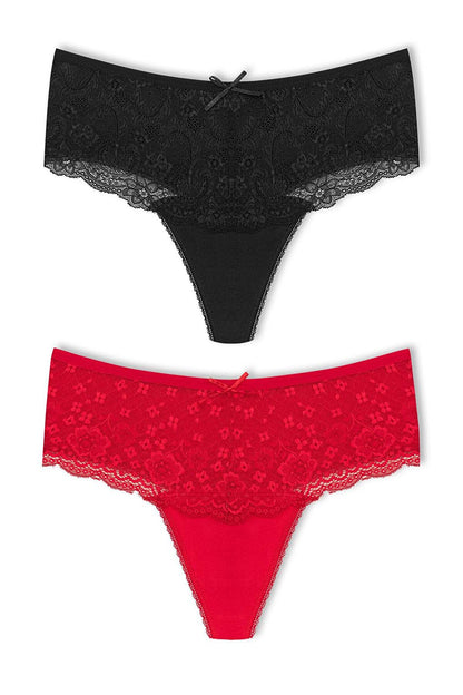 Cotton Lace Front High Waist Thong Women's Panties 2-Piece