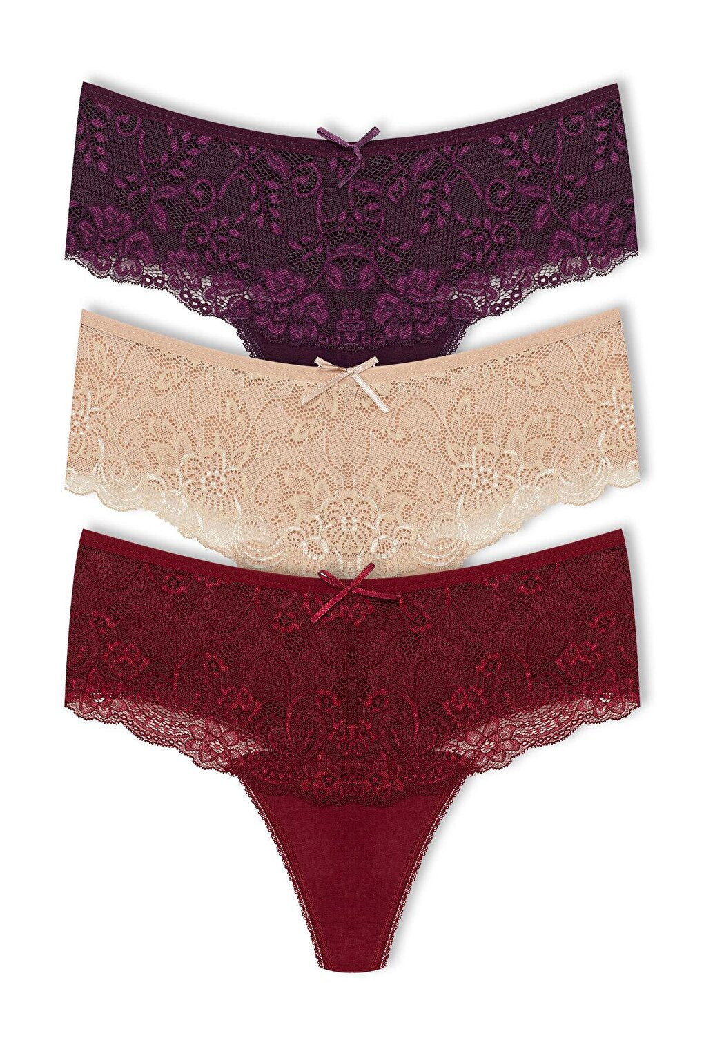 Cotton Lace Front High Waist Thong Women's Panties 3-Piece