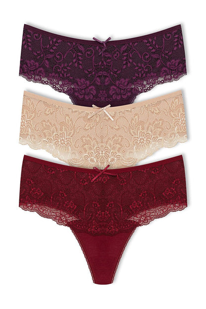 Cotton Lace Front High Waist Thong Women's Panties 3-Piece