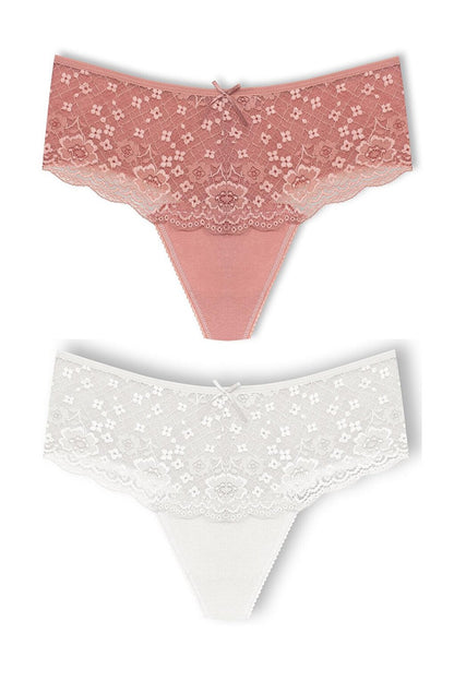 Cotton Lace Front High Waist Thong Women's Panties 2-Piece